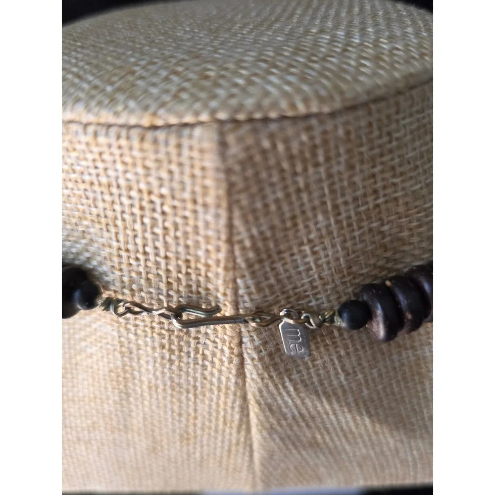 M.E. Signed Wood Disc and Brushed Silver Tone Bar Fringe Statement Necklace